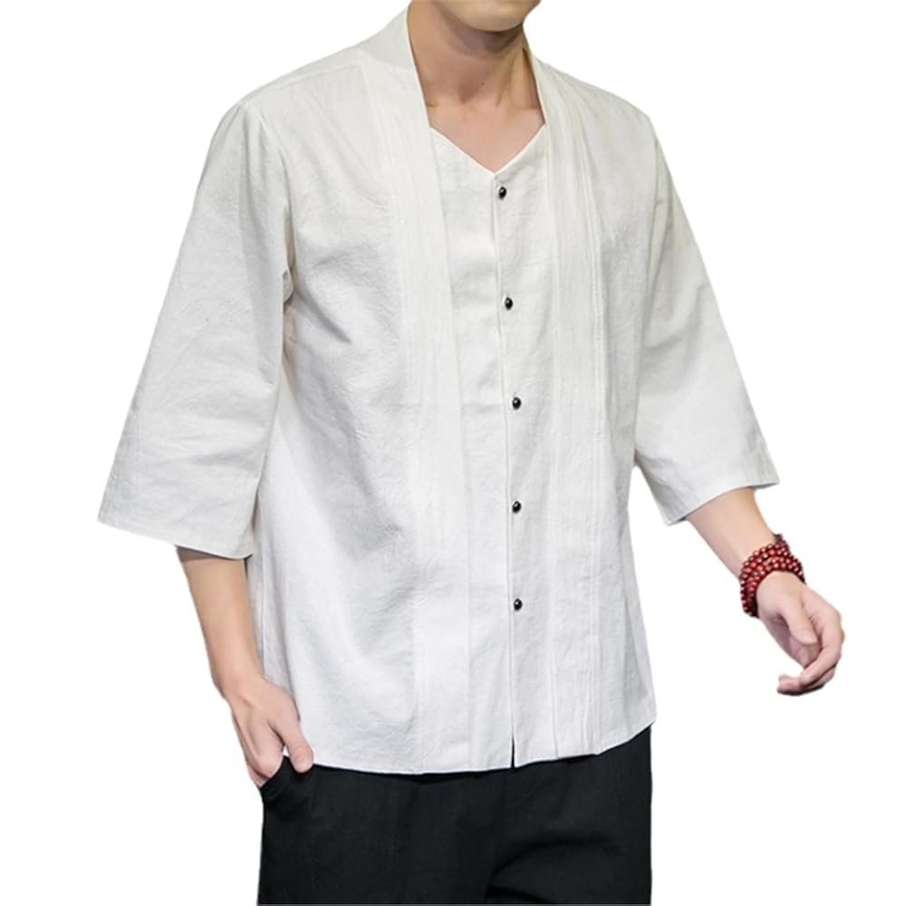 Linen Long Sleeve Vintage T Shirt for Men Clothing T-Shirt